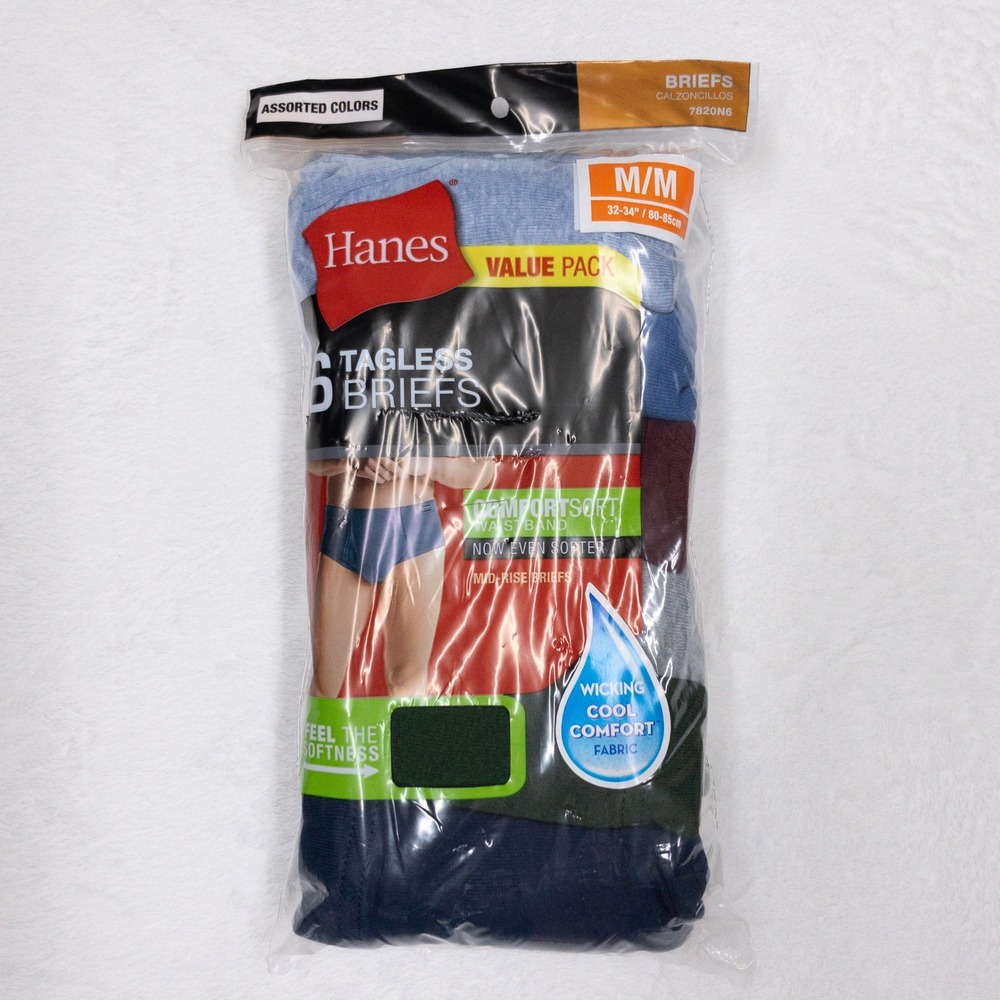 Hanes Briefs Mens Medium Multicolor Tagless ComfortSoft 6-Pack Mid-Rise 7820N6